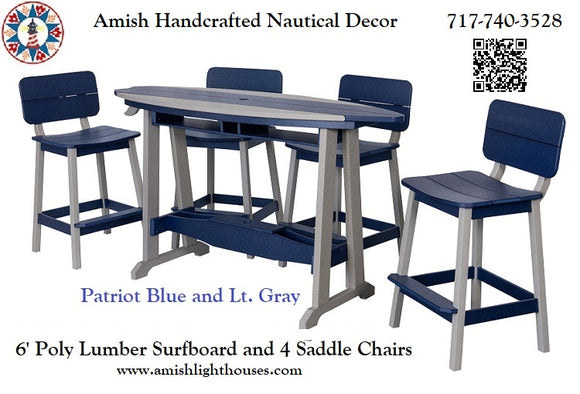 6' Poly Lumber Surfboard Table and four saddle stools w/backs Patriot Blue and Lt. Gray Free shipping