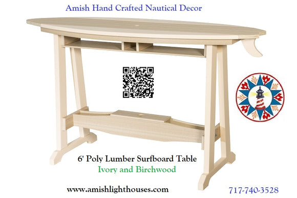 6' Poly Lumber Surfboard Table and 4 saddle stools w/backs Ivory & Birchwood Free Shipping