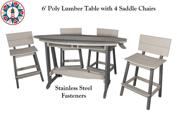 6' Poly Lumber Surfboard Table and 4 saddle stools w/backs Dk. Gray and Lt. Gray Free Shipping